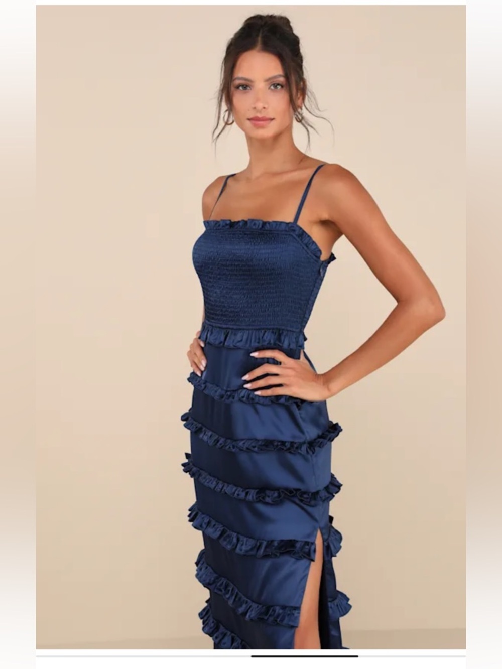 NWT Lulus Sincerely Fabulous Navy Blue Satin Smocked Ruffled Maxi Dress - Picture 3 of 7